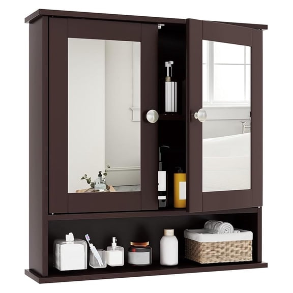 Bathroom Wall Cabinet Storage, Medicine Cabinets with Mirror 2 Doors and Adjustable Shelf, Wall Mounted Cupboard Mirrored Vanity Cabinet for Rv Bathroom Restroom Kitchen (Brown)