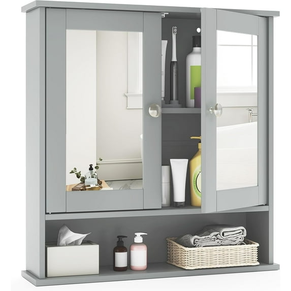 Bathroom Wall Cabinet Storage, Medicine Cabinets with Mirror 2 Doors and Adjustable Shelf, Wall Mounted Cupboard Mirrored Vanity Cabinet for Rv Bathroom Restroom Kitchen (Grey)
