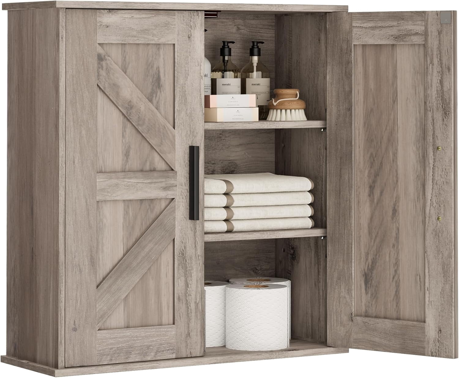 Bathroom Wall Cabinet, Over Toilet Storage Cabinet with Barn Doors and Adjustable Shelves, 3-Tier Medicine Cabinet Wall Mounted, for Bathroom, Kitchen, Entryway, Laundry Room, Greige, (7.9" D)