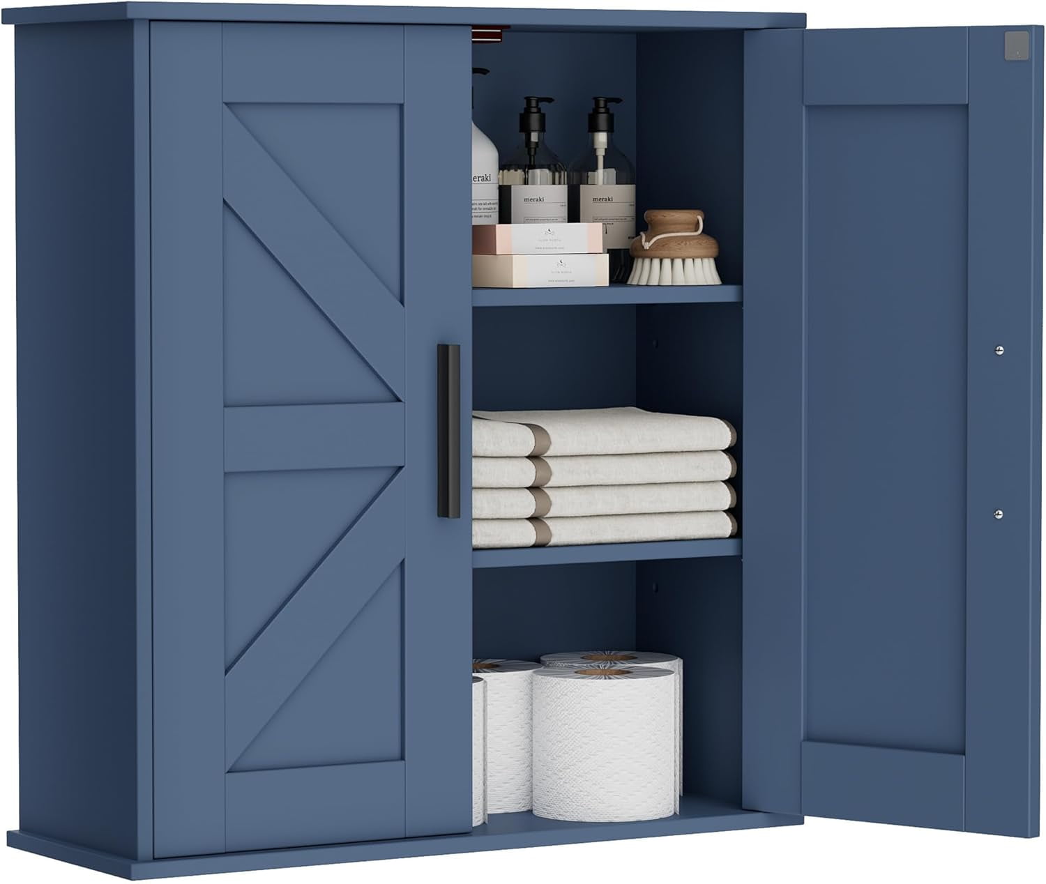 Bathroom Wall Cabinet, Over Toilet Storage Cabinet with Barn Doors and Adjustable Shelves, 3-Tier Medicine Cabinet Wall Mounted, for Bathroom, Kitchen, Entryway, Laundry Room, Blue, (7.9" D)