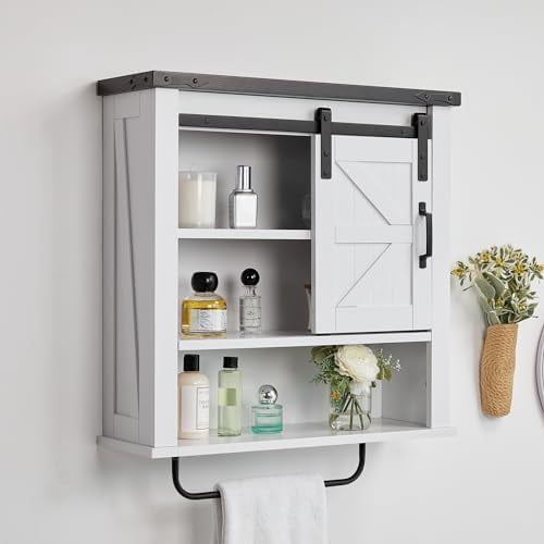 Bathroom Wall Cabinet, Above Toilet Storage Cabinet with Towel Bar, Farmhouse Medicine Cabinet with Sliding Barn Door, 23 Inch Storage Cabinet, Easy to Clean for Bathroom, Bedroom, Kitchen, White