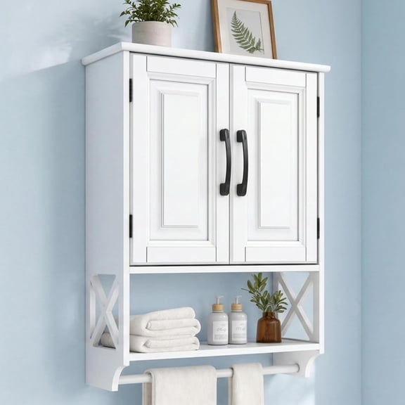 Bathroom Wall Cabinet with Tower Bar, Wall Mounted Cabinet with Barn Doors & 3 Point Adjustable Shelf, 3-Tier Compact Wall Bathroom Cabinet Over the Toilet for Bathroom Kitchen Living Room