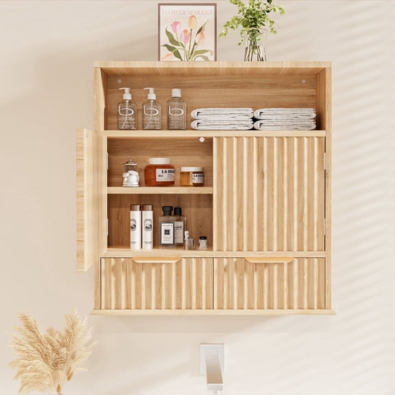 Bathroom Wall Cabinet, Wall Mounted Medicine Cabinet with Drawers, Modern Farmhouse Storage Cabinet with with Adjustable Wood Shelf & Doors for Bathroom, Kitchen, Laundry Room (Natural Oak)