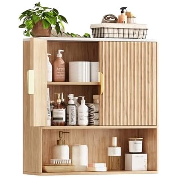 Bathroom Wall Cabinet, Wall Mounted Storage Cabinet with Fluted Doors & Adjustable Shelf, Medicine Cabinet Over The Toilet Storage for Bathroom & Laundry Room & Kitchen, Natural Wood Finish