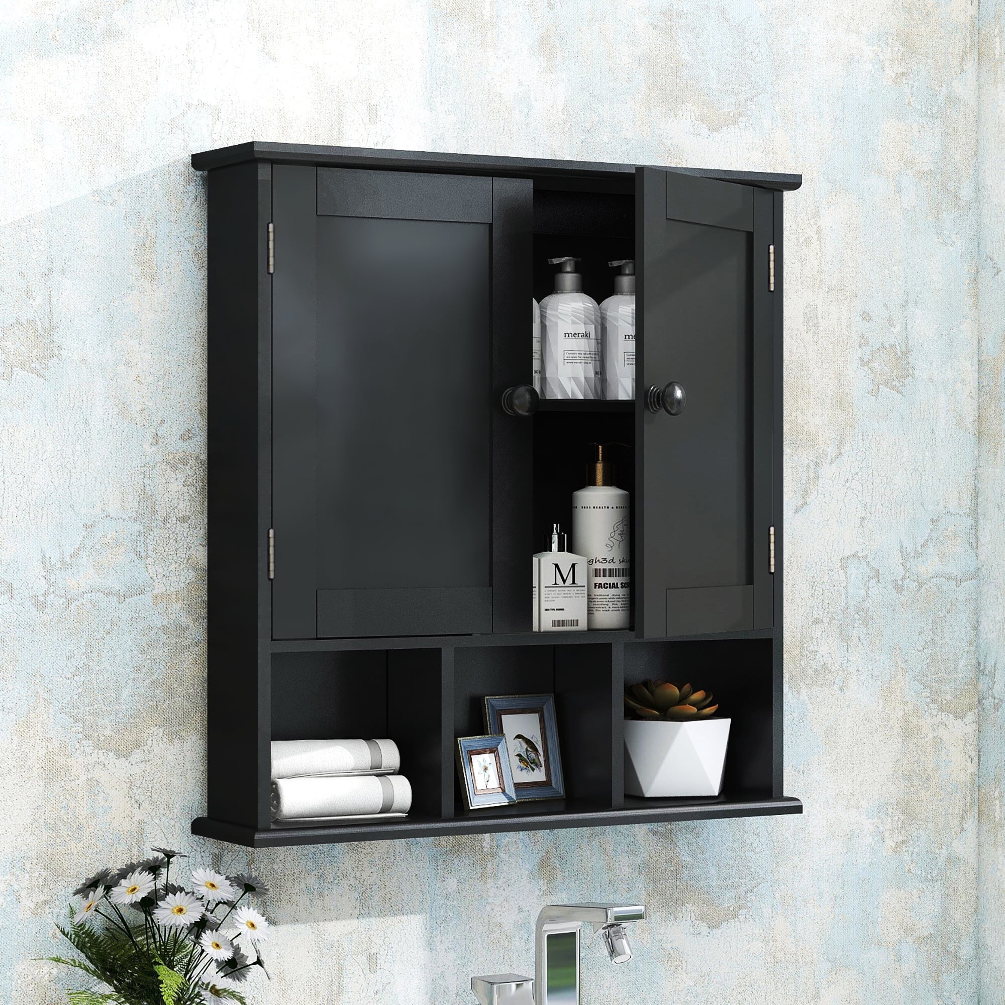 Homfa Bathroom Wall Cabinet Over The Toilet Storage Double Door Adjustable Shelf Towel Bar White Walmart