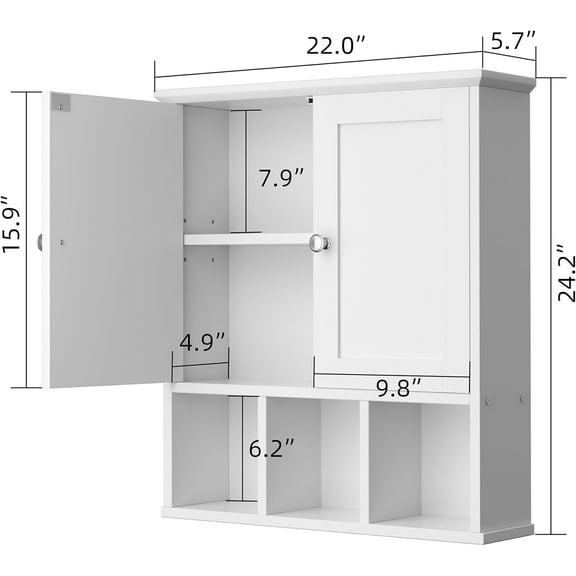 Bathroom Wall Cabinet with Door, Space Saving Storage Organizer Over Toilet, Adjustable & Open Shelves, Solid White