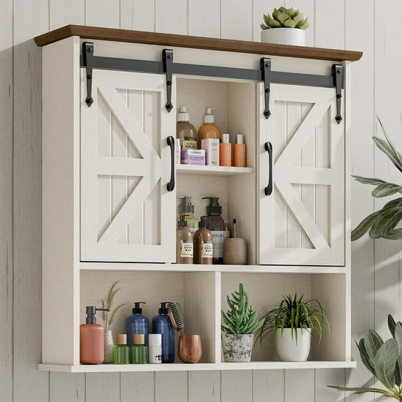 Bathroom Wall Cabinet with Double Sliding Barn Doors and Adjustable Shelves, Wooden Vintage Storage Cabinet Wall Mount