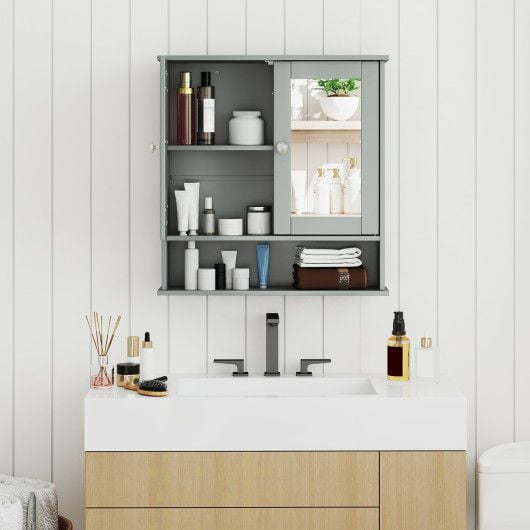 Bathroom Wall Cabinet with Mirror, MDF Storage Organizer - 22" x 5" x 23", Brown/Gray/White Finish, 11lbs Shelf Capacity