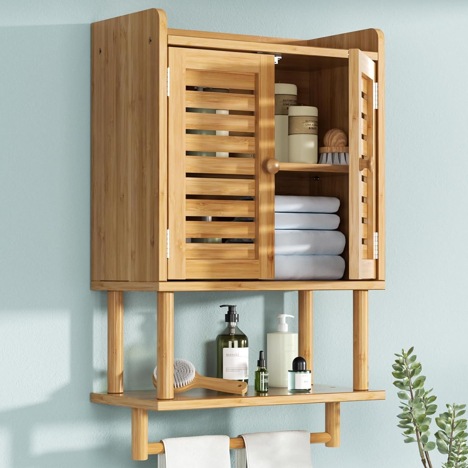 Bathroom Wall Cabinets, Bamboo Medicine Cabinets with Towel Bar, Wall ...