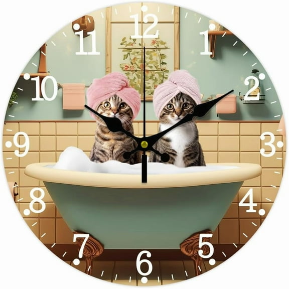 Bathroom Wall Clock Non-Ticking Clock 12 Inch Cat Round Decorative Clocks Printed Wall Clock for Home Office Decoration