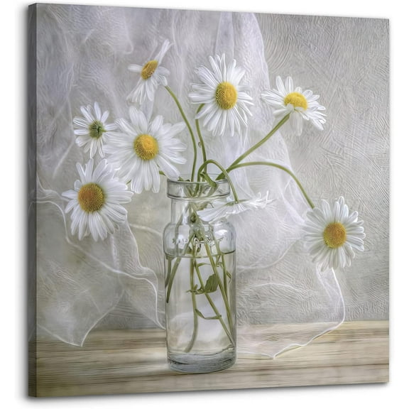 Bathroom Wall Décor, Canvas Wall Art, Modern Gallery Decor Print White daisy Flower in Bottle Theme Picture Artwork for Walls Ready to Hang for Kitchen Bedroom Decor Size 14x14