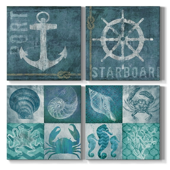 Bathroom Wall Décor Nautical Pictures Prints Sea Animals Navy Blue Canvas Wall Art 12 x 12 inches, Set of 4 Framed on Solid Wood Artwork for Home Cabin Office