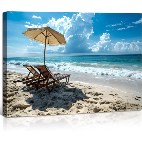 Bathroom Wall Decor Blue Ocean Sea Wall Art Nature Landscape Canvas Prints Picture Beach Chair on Sand Painting Print Modern Seascape Home Office Decor Ready to Hang 12"x16"
