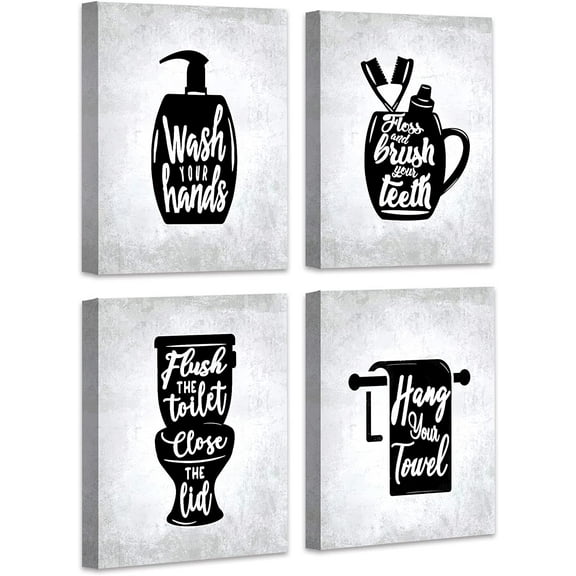 Bathroom Wall Decor | Canvas Wall Art with Wooden Frames | Funny Toilet Signs Quotes Wall Decor | Small Bathroom Pictures for Wall | Set of 4 | 8x10 inch(Framed)