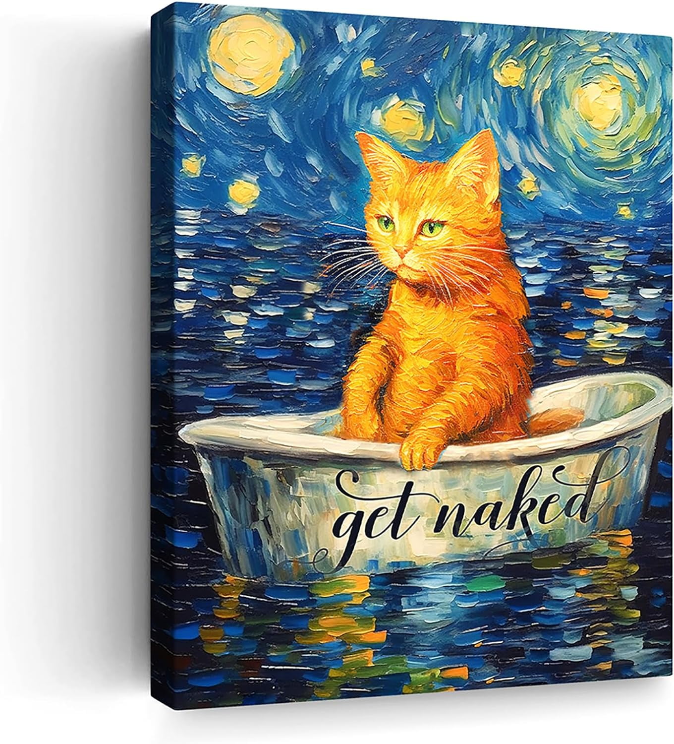 Funny Black Cat Wall Art - Van Gogh Starry Night Inspired Canvas Painting, 8x10 Inches, Framed