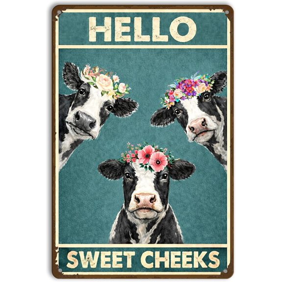 Bathroom Wall Decor Metal Tin Sign Hello Sweet Cheeks Funny Cow Wall Art, Farmhouse Restroom Decor 12x8 Inch