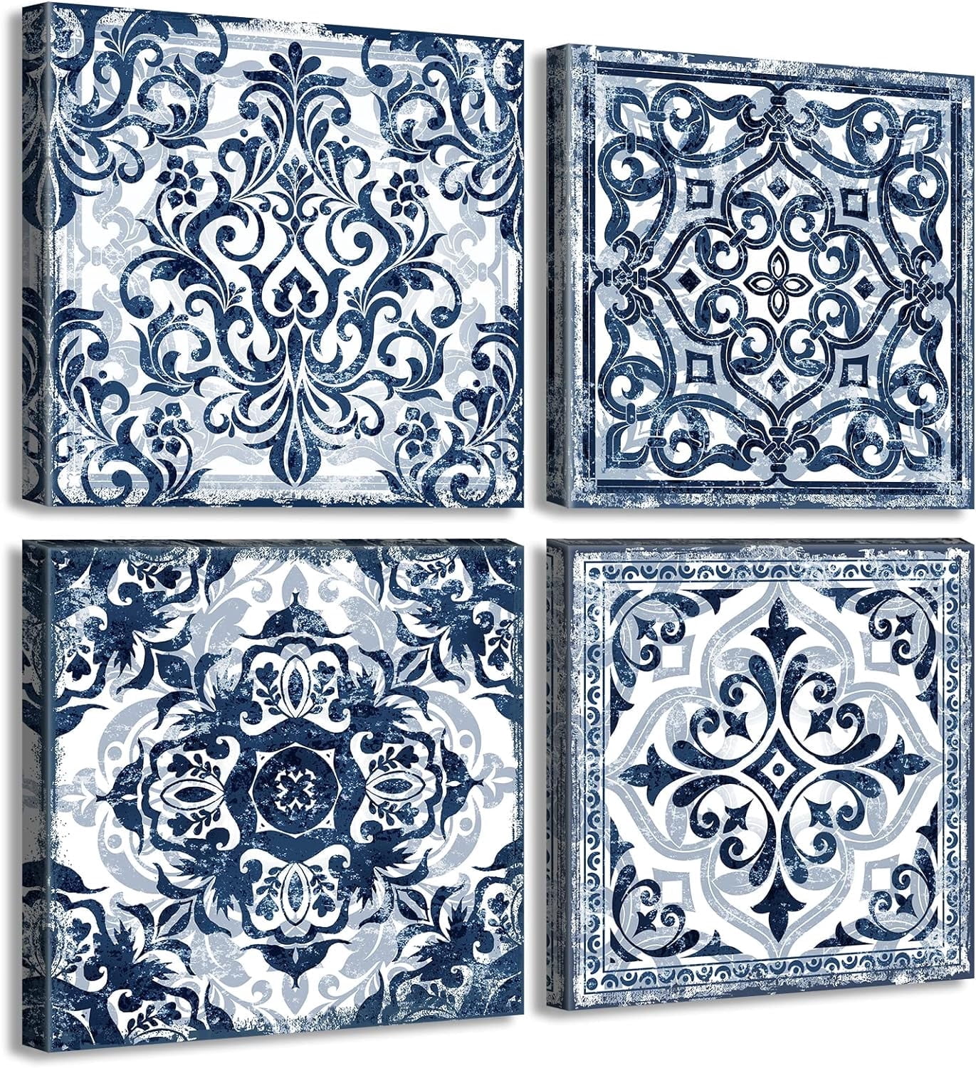 Bathroom Wall Decor Navy Blue Flower Paintings Canvas Prints Decoration Vintage Wall Art for Bedroom Framed Ready to Hang 12" Wx12 Hx4 pcs