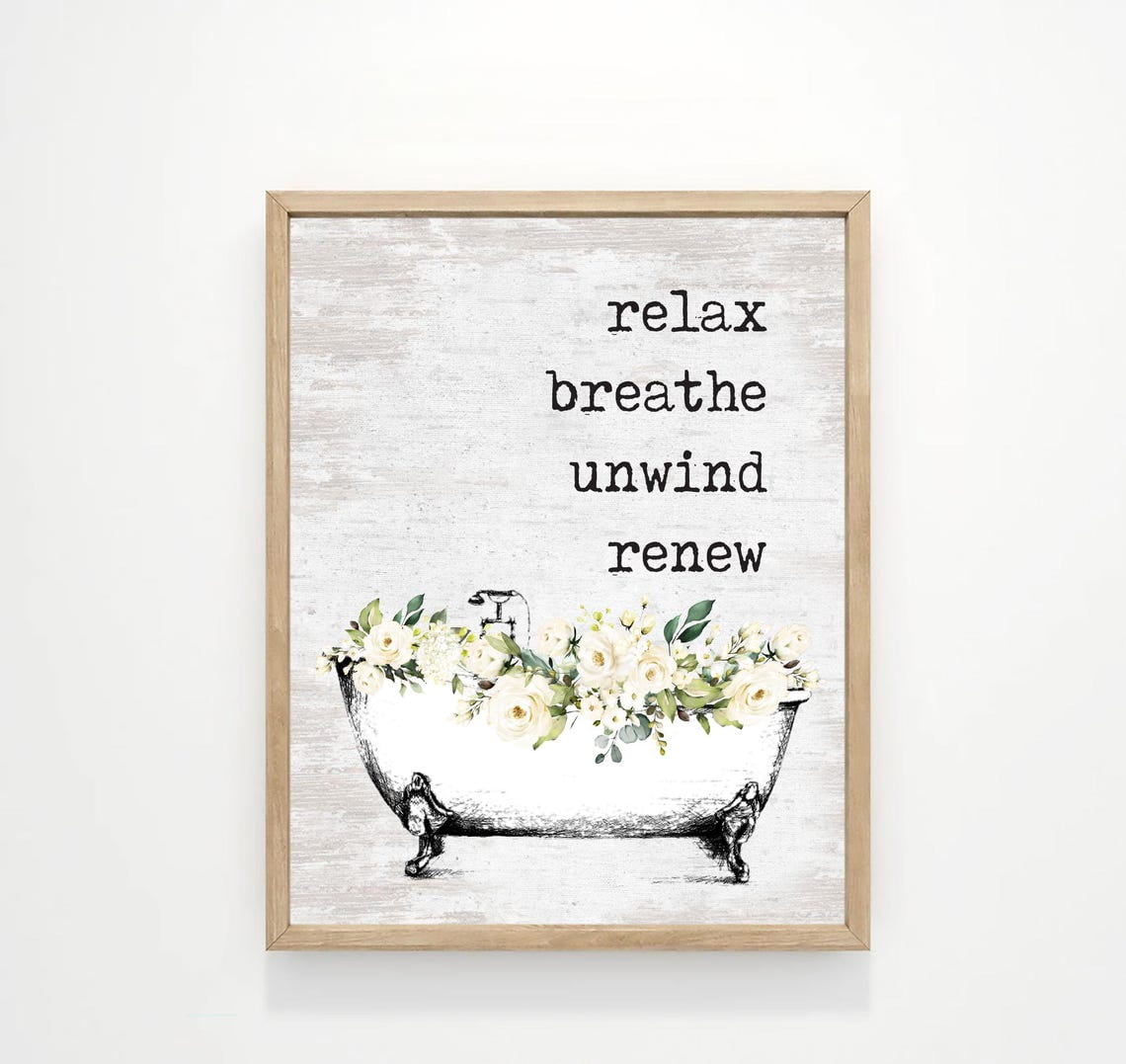 Bathroom Wall Decor Relax Breathe Unwind White Floral Bathroom Wall Art ...
