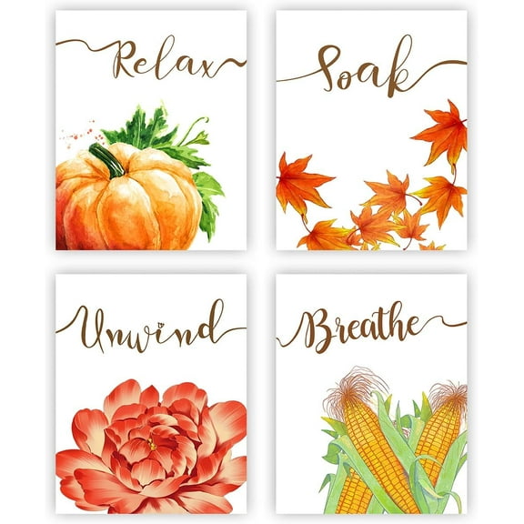Bathroom Wall Decor Relax Soak Unwind Breathe Art Prints, Autumn Wall Art, Fall Pumpkin Maple Leaf Corn Canvas Posters for Bathroom Farmhouse Decor, Set of 4, 8x10 inches, Unframed