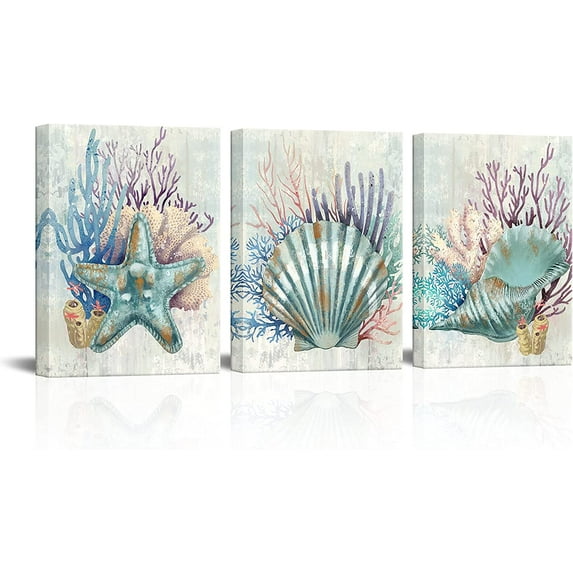 Bathroom Wall Decor Teal Starfish Seashell Conch and Coral Painting Wall Art Beach Pictures Retro Coastal Ocean Nautical Themed Poster Decoration Artwork for Home Nursery Kids Bedroom Decor