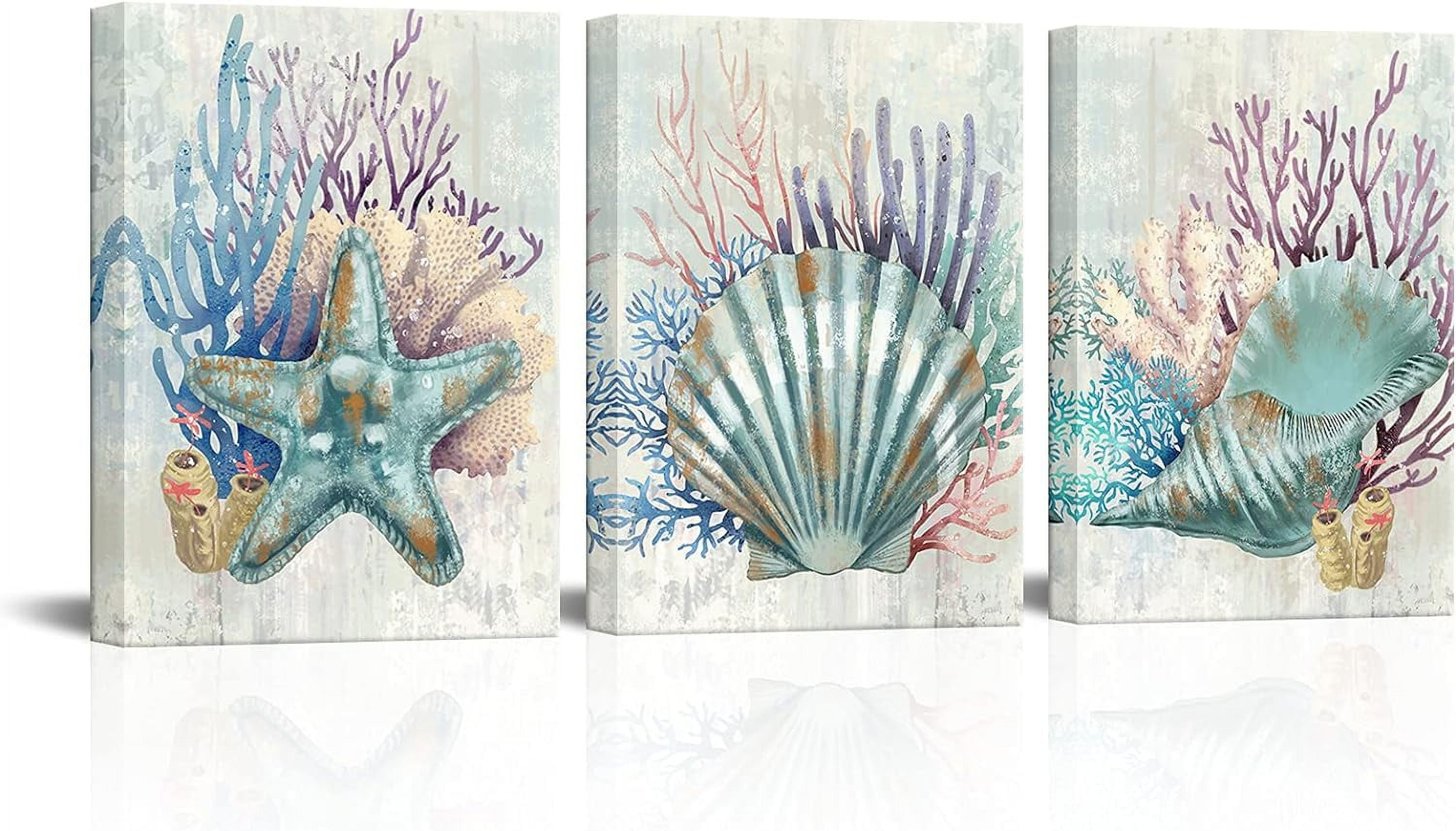 Bathroom Wall Decor Teal Starfish Seashell Conch and Coral Painting ...