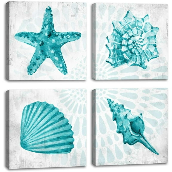Bathroom Wall Decor Teal Watercolor Starfish and Seashell Conch Wall Art Sea Creatures Pictures Ocean Theme Canvas Prints for Bedroom Home Artwork Decor Paintings Framed Set 4 panels 12 x 12 inchs