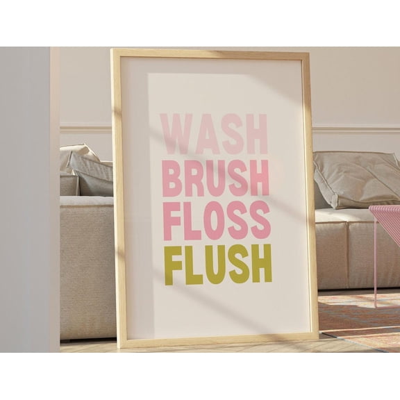 Bathroom Wall Decor Wash Brush Floss Flush Pink Wall Art Green Bathroom Sign Gallery Wall Art Wc Wall Art Bathroom Decor Wall Art, Modern Wall Decor, 16x24 UNFRAMED