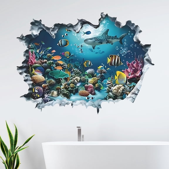 Bathroom Wall Decorations, 3D Sticker Scene, Nautical Underwater Wall Art Decal, Peel and Stick Wall Mural, 20X15 Inch 1Pc Break-Through Ripped Wall Ocean World Decor, Easy to