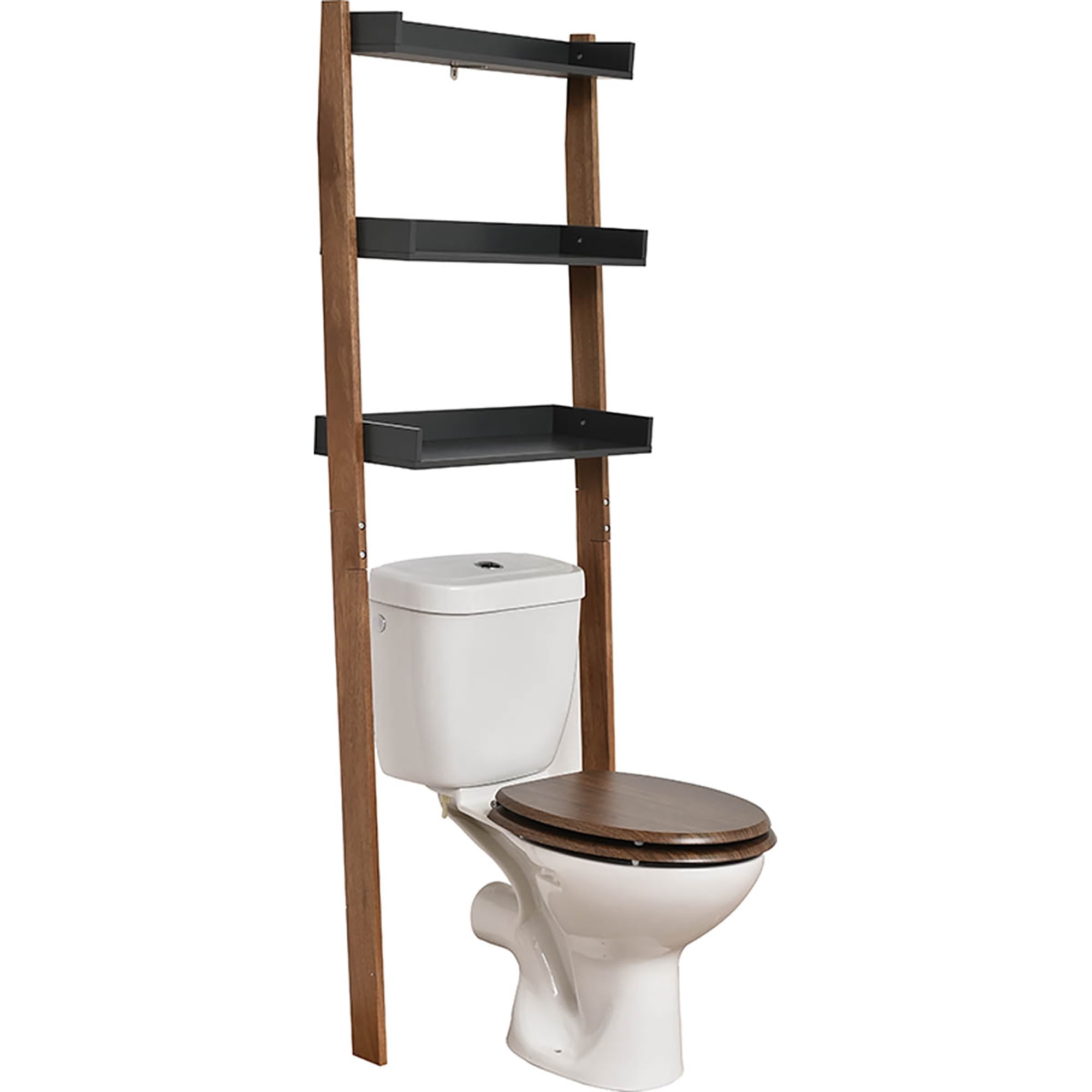 Gray Wood Over-the-Toilet Ladder Shelf with Storage Trays
