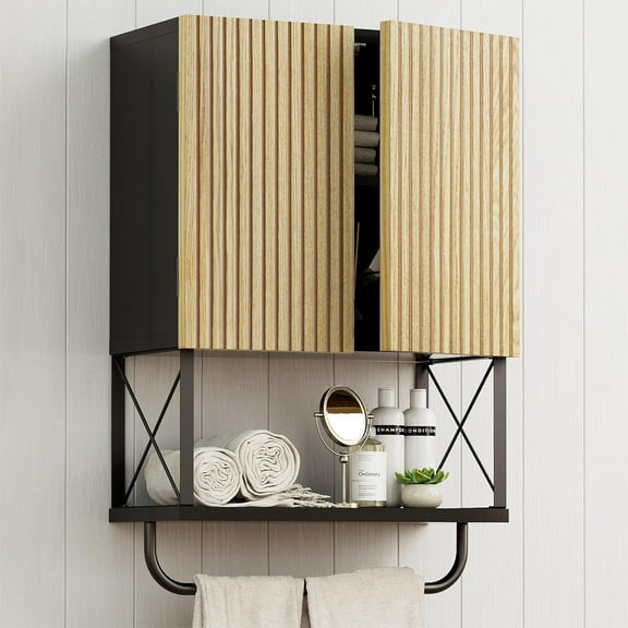 Bathroom Wall Medicine Cabinet, Fluted Hanging Bathroom Wall Mounted Cabinet with Towel Bar, Above Toilet Storage Cabinet for Bathroom Organizers and Storage, Black
