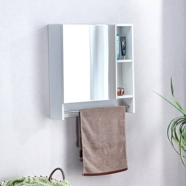 Bathroom Wall Mirror Cabinet, Over The Toilet Space Saver Storage Cabinet, Medicine Cabinet with Shelves and Towel Rack,White