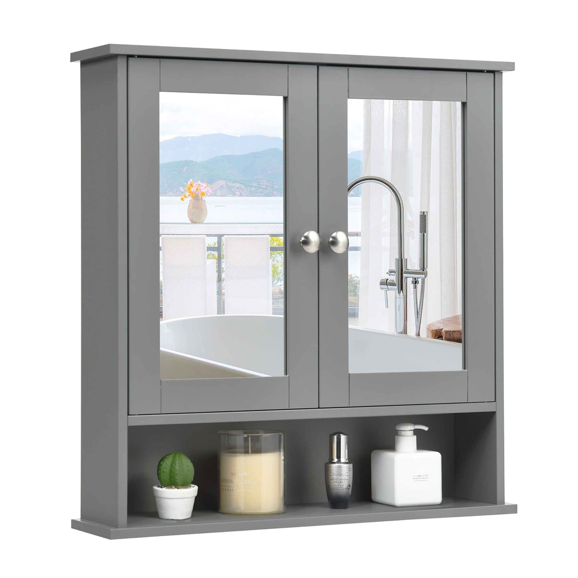 Bathroom Wall Mirror with Doors and Shelves Grey
