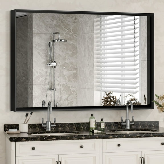 Bathroom Wall Mirrors 48x30 Inch Wall Mounted Hanging Plates Mirror Modern Metal Framed Rectangular Mirror