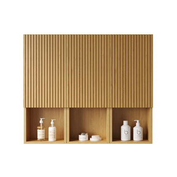 MITCH Bathroom Cabinet - 3 Plywood Storage Cabinets w/ Doors & Shelves, Wall Mounted, Golden Oak Finish, French Groove Design, Modular & Versatile