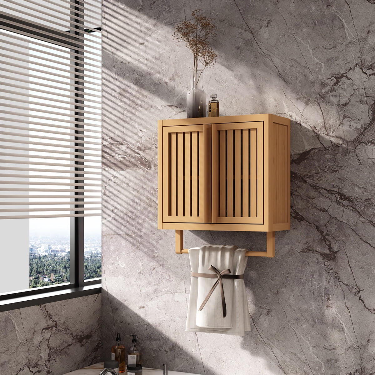 Bathroom Wall Mounted Cabinet,Bamboo Toilet Storage Box with Doors and Shelves, Over The Toilet ...