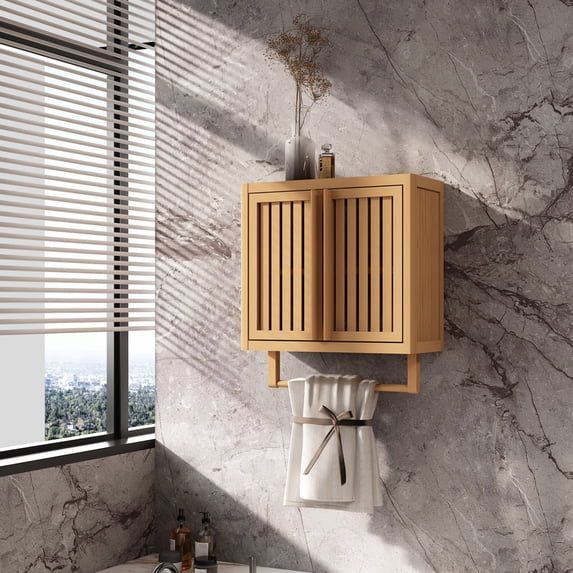 Bathroom Wall Mounted Cabinet,Bamboo Toilet Storage Box with Doors and Shelves, Over The Toilet Bamboo Storage Cabinet for Bathroom