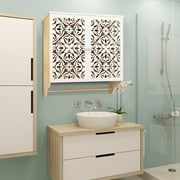 Bathroom Wall Mounted Cabinet Double Door Vanity Storage Cupboard With Towel Rod Easy Install, White