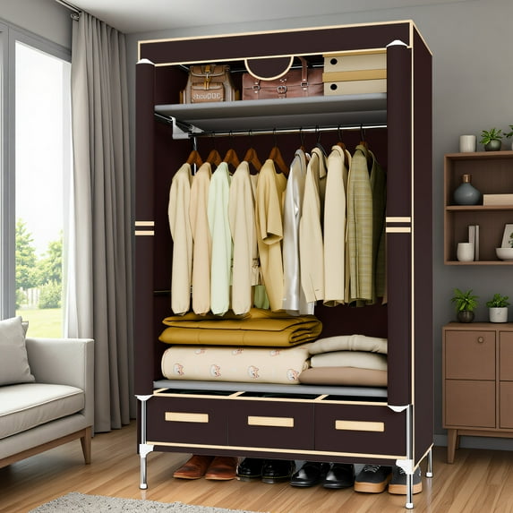 Simple & Portable Non-Woven Fabric Wardrobe, with Hanging Space for Coats and Bags, Sturdy & Easy to Assemble, 3 Storage Drawers, Ideal for Rentals, Dorms, Bedrooms, Deep Coffee