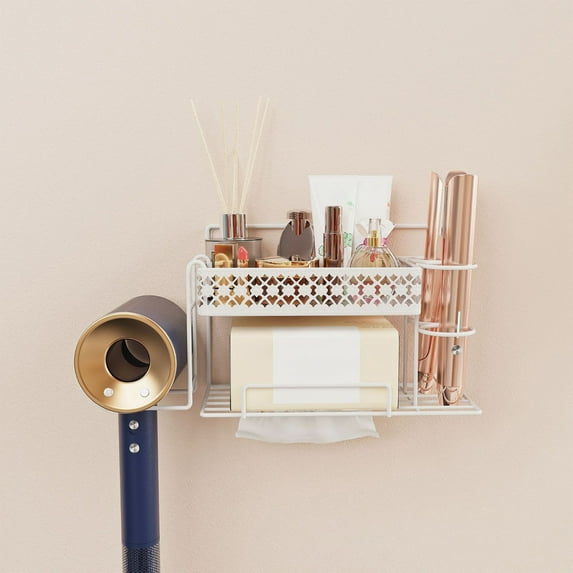 Bathroom Wall-Mounted Organizer, Hair Dryer Storage Rack, Multi-Functional Bathroom Storage Stand for Towels and Toiletries, Space-Saving Design