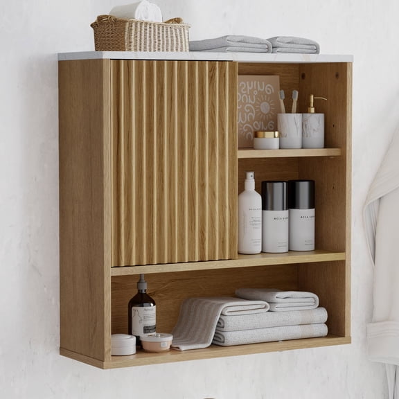 Bathroom Wall-Mounted Recessed Cabinet, Modern Medicine Cabinet Over Toilet Storage Cabinet, Faux Marble Top with Adjustable Shelves