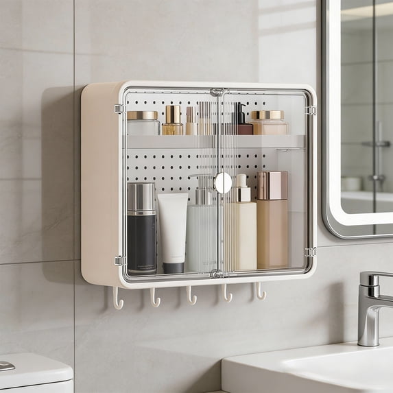 Bathroom Wall Mounted Storage Cabinet with Double Doors and Pegboard Organizer for Easy Access - Multifunctional Space Saver for Vanity, Shower, Kitchen, Garage, and Laundry Room