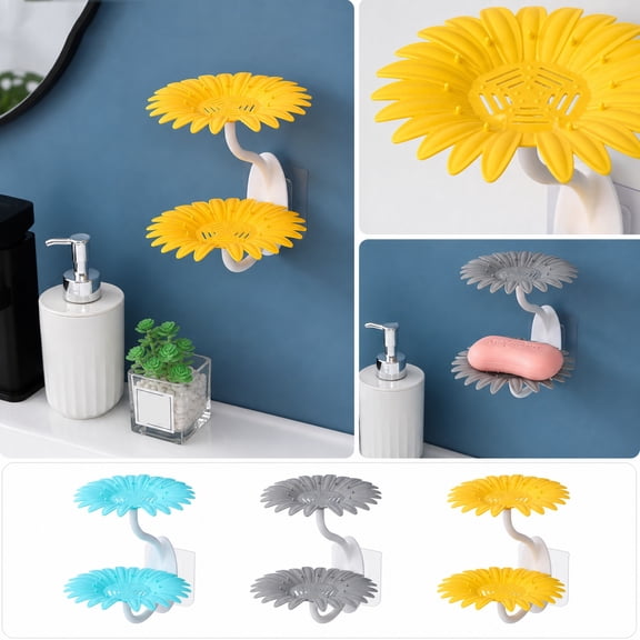 Bathroom Wall Organizer, Nordic Style Daisy Shaped Wall Mount Holder Bathroom, Double Layered No Punch Adhesive Shower Wall Organizer, Sunflower Wall Decor 6X5 Inch Bathroom Shelf