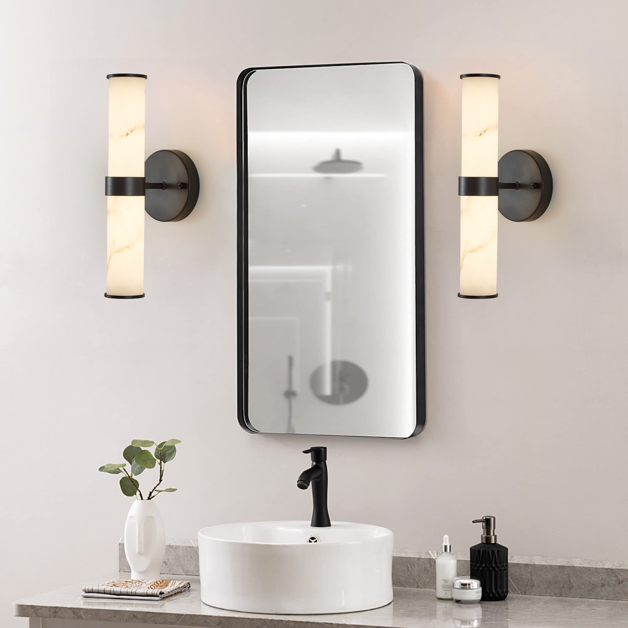 Bathroom Wall Sconces Set of 2, Modern LED Vanity Lights with Faux Marble Resin Shade, Black Wall Mount Fixture for Bedroom, Hallway, Living Room, Integrated 3000K LED