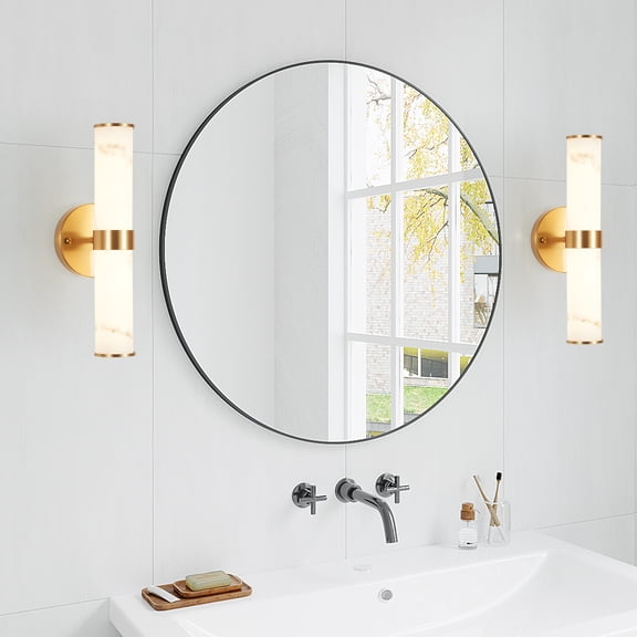 Bathroom Wall Sconces Set of 2, Modern LED Vanity Lights with Faux Marble Resin Shade, Gold Wall Mount Fixture for Bedroom, Hallway, Living Room, Integrated 3000K LED