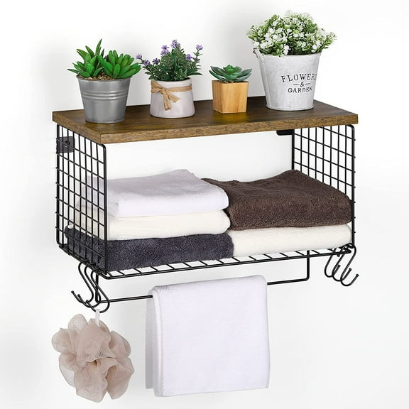 Bathroom Wall Shelf With Tower Bar, Towel Rack Wall-Mounted Farmhouse Bathroom Shelf