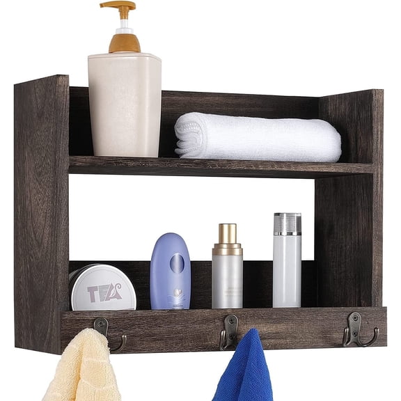 Bathroom Wall Shelf w/Hooks & Storage Shelves Rustic Toilet Organizer Towel Rack