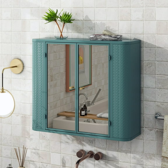 Bathroom Wall Storage Army Green Wall-Mounted Bathroom Cabinet with Mirror, 2 Mirrored Doors & Open Shelf, Farmhouse Metal Frame Storage Cabinet with Open Compartment for Vanity, Toilet & Over-the-Si