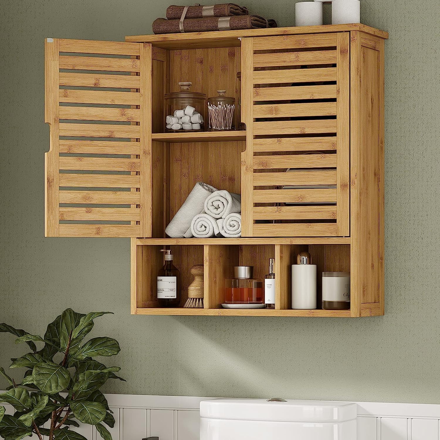 Bathroom Wall Storage Cabinet, Bamboo Medicine Cabinet with Doors and ...