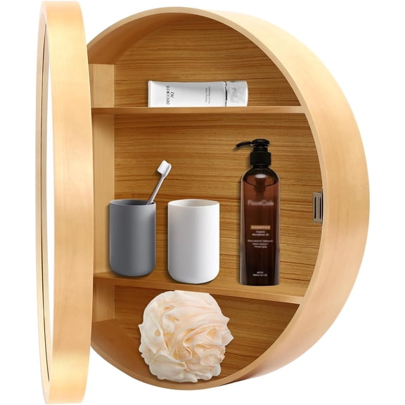 CURIEUYU Bathroom Wall Storage Cabinet, Round Mirror Medicine Cabinet (Log Color)