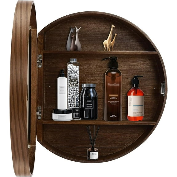 Bathroom Wall Storage Cabinet, Round Mirror Medicine Cabinet (Walnut)